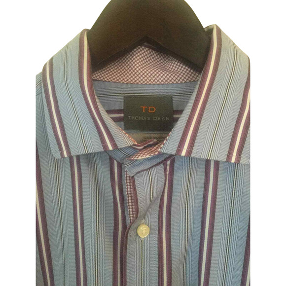 Thomas Dean Men’s Blue Striped Reverse Cuff Button-Down Shirt - Size Large - Picture 2 of 6